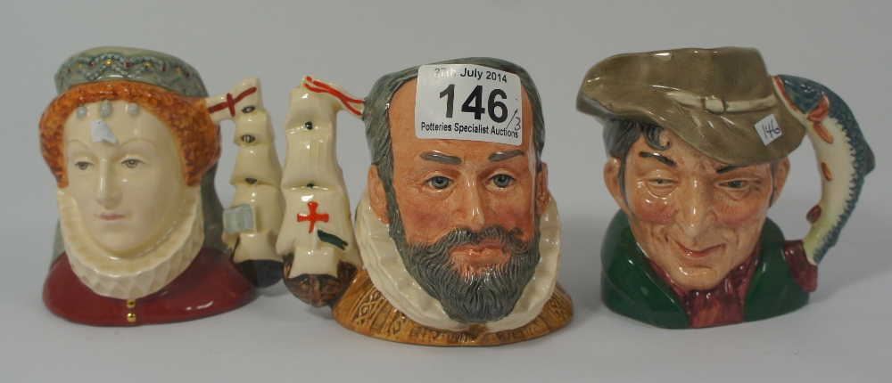 Royal Doulton small character jug King Philip of Spain D6822, Queen Elizabeth 1 D6821 and Poacher