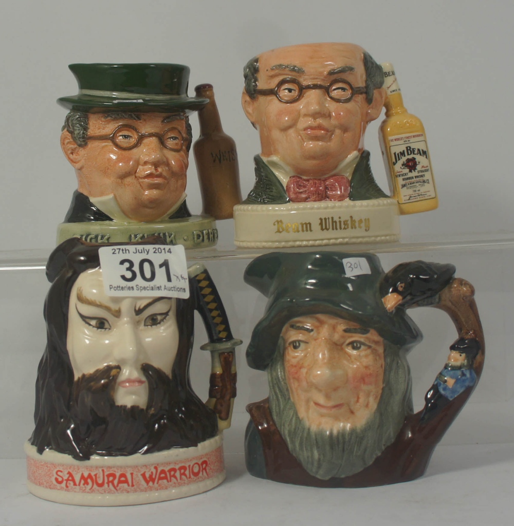 Royal Doulton whiskey character jugs Samurai Warrior, Mr Pickwick, Double sided Mr Pickwick and