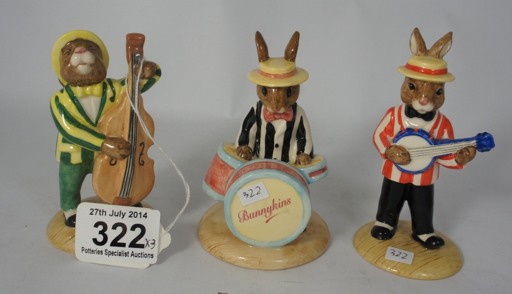 Royal Doulton Bunnykins figures Banjo Players DB182, Double bass player DB185, Drummer Bunnykins