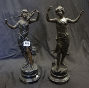 Pair 20th century spelter figures Serenade and Charmeuse on wood bases, hight 41cm (2)