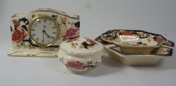 A collection of Masons madalay items including mantle clock, Dishes etc (4)