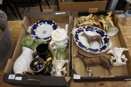 A collection of early pottery to include crested dishes, Beswick horse and pony, cherub candlesticks