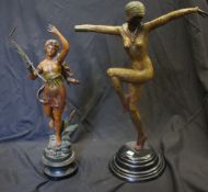 French bronze figure of a lady , marked Kossowski (losses)  and art deco style metal figure of