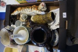 A collection of pottery to onclude large Melba Ware Tiger, Poole, Toby jugs etc