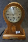 Edwardian mahogany inlaid balloon mantle clock, height 34cm , brass plaque presented to pc Miller