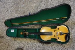 Wood violin marked London and bow in case