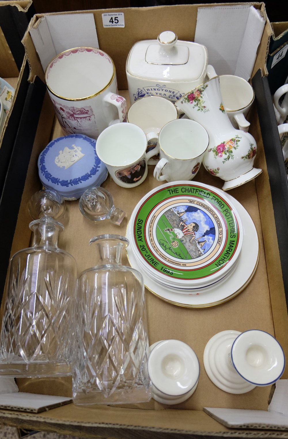 A collection of various pottery to include Wedgwood tricolour box and cover, Ringtons tea caddy,