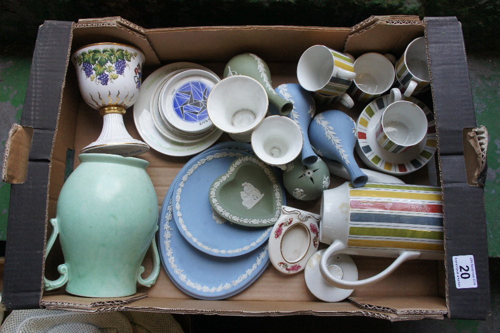 A collection of pottery to include Wedgwood Jasperware plates, vases, pot-puri bowls, mid-winter