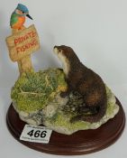 Border Fine Arts figure group of Otter and Kingfisher on Private Fishing sign by D Walton, height