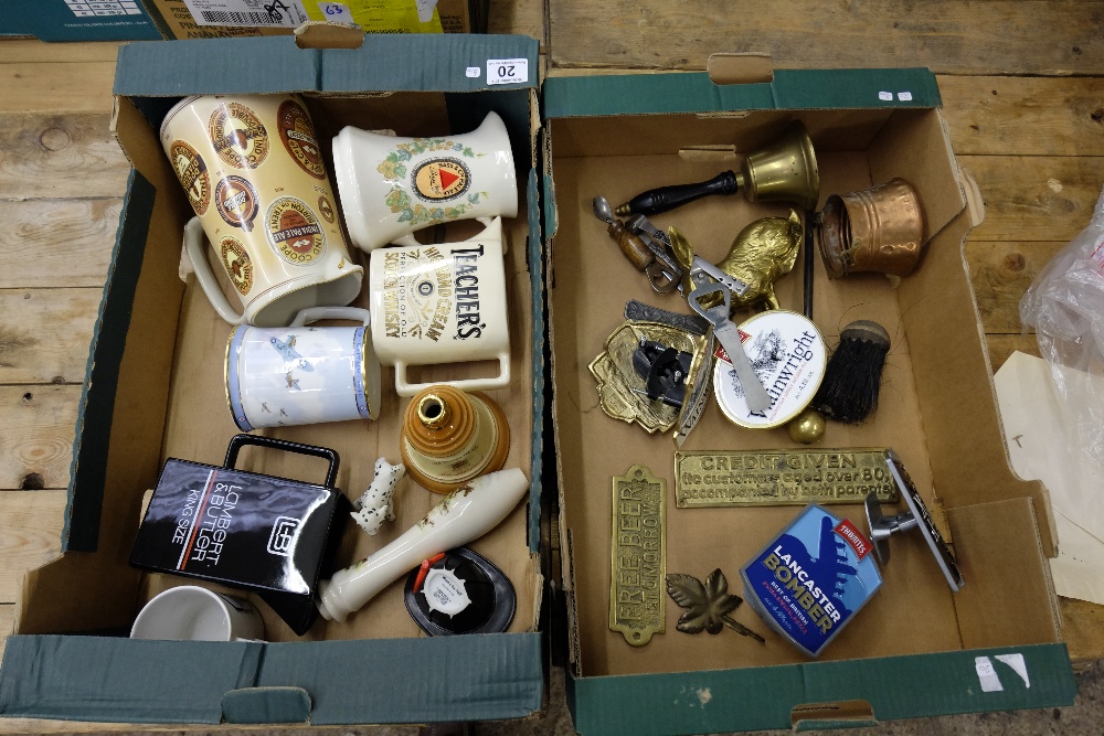 A collection of various pub jugs, beer pumps, brass signs etc (2 trays)