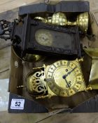 A collection of miniature brass clocks, Wood wall clock etc