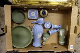 A collection of Wedgood jasperware to include large green egg bowls, blue vases trinkets etc (11