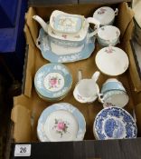 A Spode old colony rose 22 piece tea set and 7 blue and white dishes etc