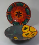 Poole footed round dish in yellow & grey colours and a round dish in red & orange colours (2)