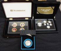 A collection of silver coins etc including Westminster Diamond Jubilee Queen Elizabeth gold plated