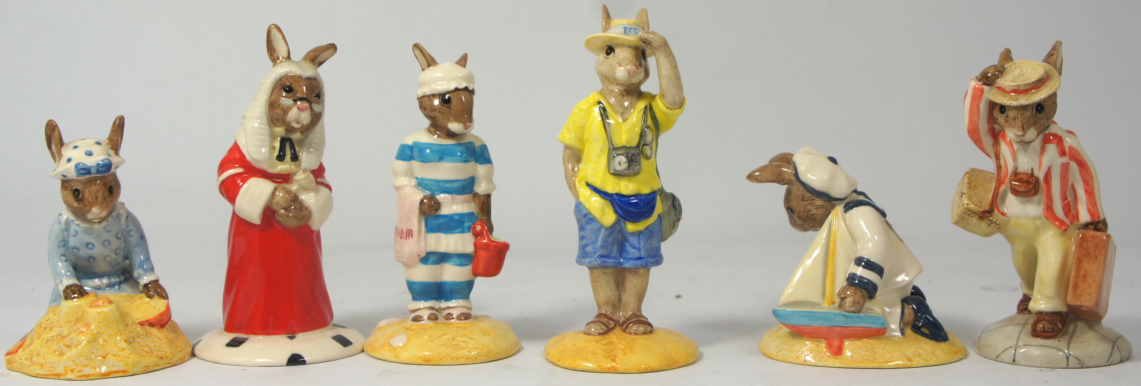 Royal Doulton Bunnykins Figures Father DB154, Seaside DB177, Mother DB189, Sailor DB186, Tourist