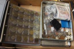 A collection of various coins, bank notes , police buttons etc