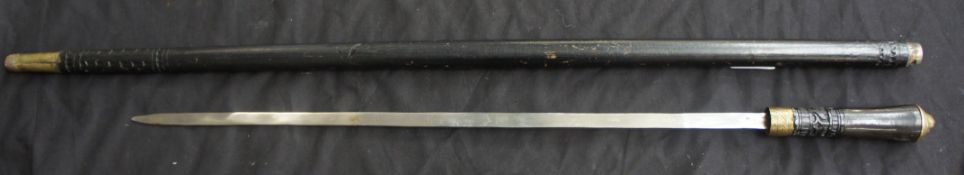 Indian wood & brass sword walking stick, length 90cm