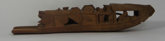 Chinese old carved bamboo miniature fishing boat with 6 people, nets etc length 29cm