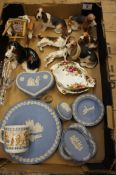 A collection of pottery to include Wedgwood Blue Jasperware , resin Bassett hound figure, Old