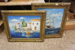 Two Large Modern Oil On Canvas Paintings of Sailing Ships (2)