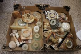 A collection of various marble and alabaster items to include clocks, vases, candlesticks 2 trays