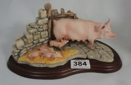 Border Fine Arts figure of Sow feeding Piglets "Last to finish" by Kirsty Riley on wood base (