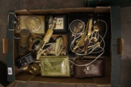 A collection of various items a old camera boxed, brass miniature miners lamp, soap stone items,