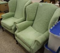2 Green Fabric arm chairs Queen Anne legs (2)