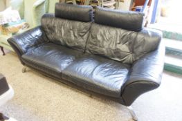 Large black leather 3 seater settee on aluminium legs