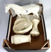 A collection of pottery to include A coalport hunter horse (af), and 4 Bellek shamrock items (5)