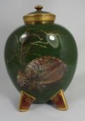 Minton Flask & Cover decorated with fish and Sea Shells signed William Mussill, height 30cm