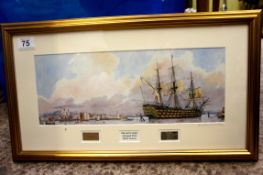 David Birtwhistle waterlour painting Point of Departure, Portsmouth in gilt frame, 55cm x 32cm