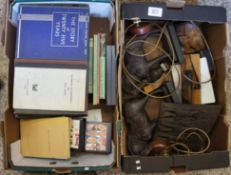 A collection of various books, Resin horse ornaments, wooden objects etc 2 trays