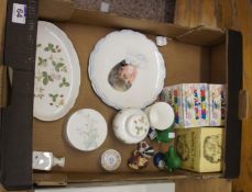 A collection of pottery tom include Mr Men figures, Wedgwood wild Strawberry, Lady Diana plate etc
