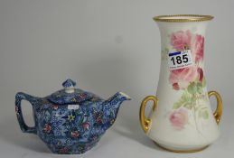 Royal Doulton 2 handled vase, hand painted with roses by C. Nixon Height 20cm and Saddler Ringtons