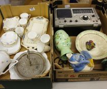 2 trays of various items to include radio, part tea set, jugs, bowl, cake stand etc