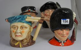 Four Royal Doulton Character Jugs, The Guardsmen D6755, The Lobstermen D6617, Beefeater D6206 and