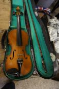 A wood Violin and bow in case, violin length 51cm