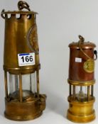 Brass Miners Type 6 Lamp by Eccles and a smaller Hockley Lamp , largest height 23cm (2)