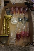 A collection of various glassware including Early victorian cranberry tumblers, pair victorian brass