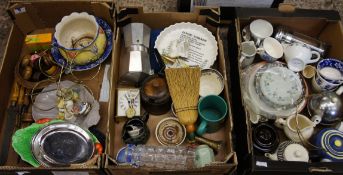 A collection of 3 trays to consist of assorted teapots, coffee makers, glassware, cutlery sets etc.