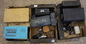 A collection of old cameras & video camera equipment including Halina cine camera, Sekonic Projector