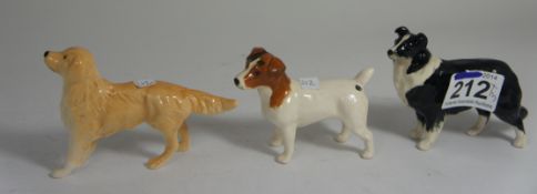 3 Beswick Dog Figures retriever standing 3381, jack russell terrier 2109 (chip to ear), sheepdog