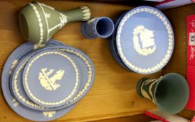 A collection of Wedgwood jasperware to include Christmas Plates, Green & Teal vases, plaques etc  (