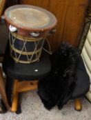 A mink stole, wooden adjustable stool, Tambourine and drum  (4)