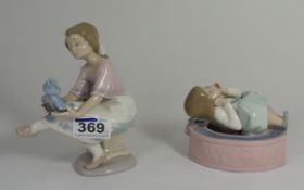 Lladro wall plaque of seated girl and figure of a girl seated with teddy bear (2)