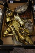 A collection of brass and silver plated wares to consist of ornamental figures, coffee pots, knife
