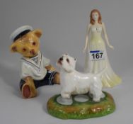 Royal Doulton figure Pearl HN4975, Royal Stratford Scottie dog and Bloor China seated Teddy bear