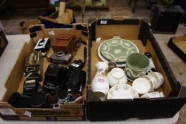 A collection of various items to include cameras, flashes, zooms, Wedgwood jasperware, Minton Spring